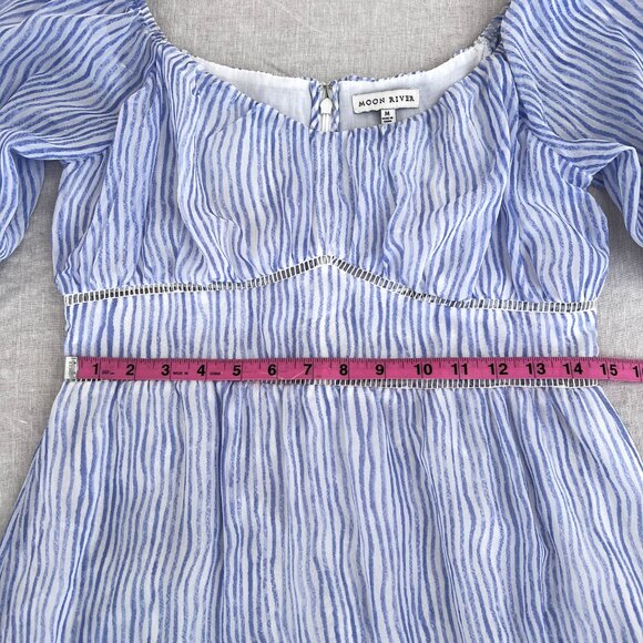 Moon River White & Blue Stripe Puff Sleeve Cottagecore Homemaker Midi Dress Sz M - Picture 13 of 16